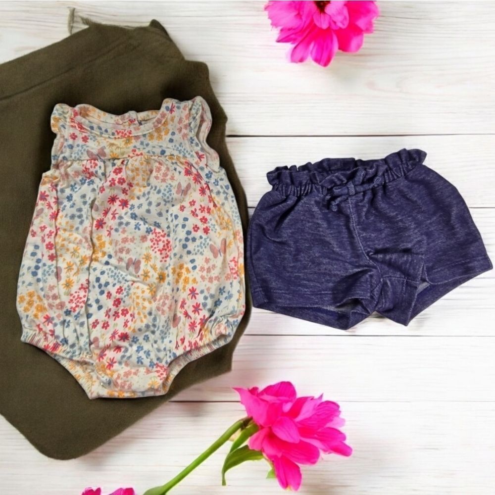 Old Navy Baby Girl 0-3M Floral Onesie + Blue Knit Shorts Matching Set 2pc Cotton
